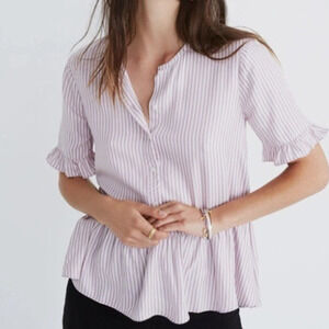 MADEWELL Studio Ruffle-Hem Lavender Stripe Short Sleeve Lightweight XS